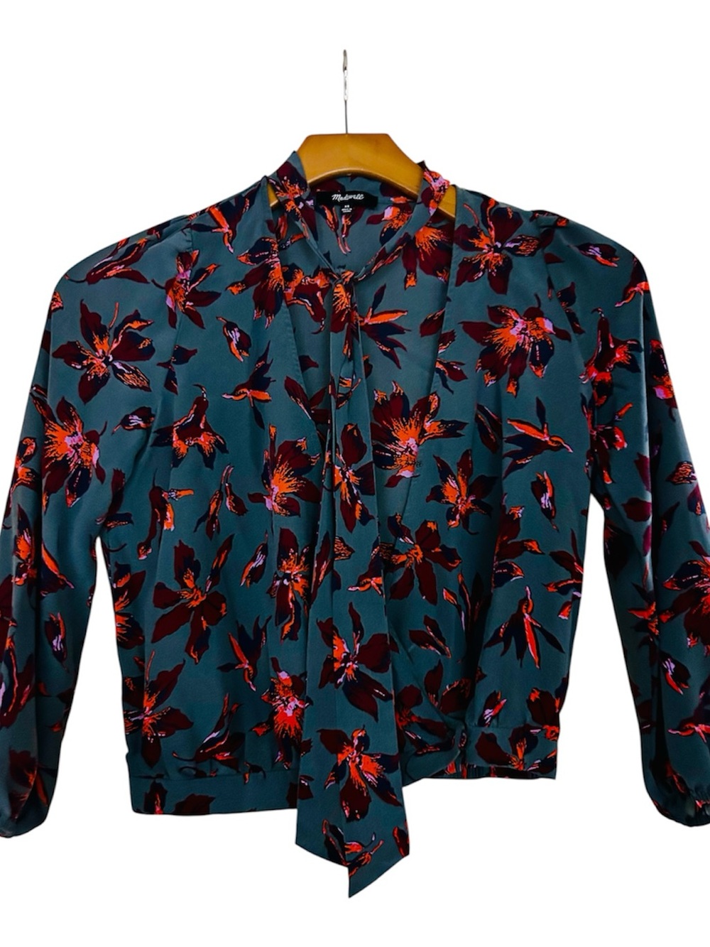 Madewell Floral Tie-Neck Blouse Gray & Red Flowers